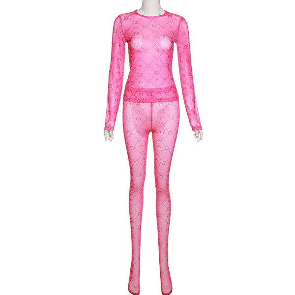 New Sexy Mesh Perspective Printed Long Sleeve Top High Waist Pants Suit Women