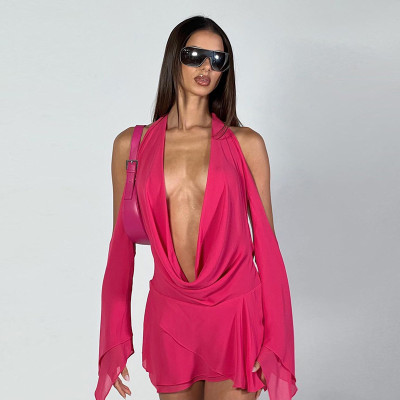 Sexy halter neck low-cut solid color off-the-shoulder sleeve irregular hip dress