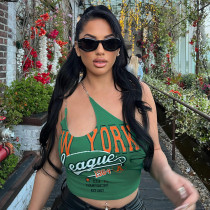 Stylish one-shoulder monogram print open-back slim-fit vest