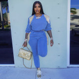 Fashion Fringe Long Sleeve Top High Waist Casual Sweat Pants Two Piece Set