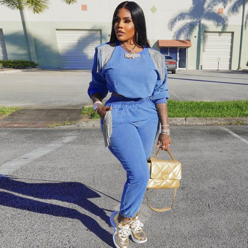Fashion Fringe Long Sleeve Top High Waist Casual Sweat Pants Two Piece Set