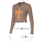 Cross Print Top Long Sleeve V-Neck Slim Fit Versatile T-Shirt
