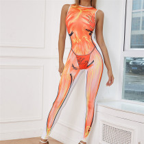 Fashion Print Sleeveless Crew Neck High Waist Bodysuit