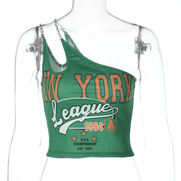 Stylish one-shoulder monogram print open-back slim-fit vest