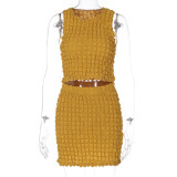 Fashion Solid Color Round Neck Sleeveless Vest Slim Fit Short Skirt Set