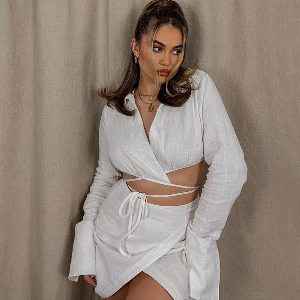 Fashion Cardigan Long Sleeve Lapel Top Slim Short Skirt Set