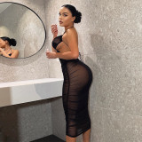 Solid color halter neck open back sexy mesh see-through dress