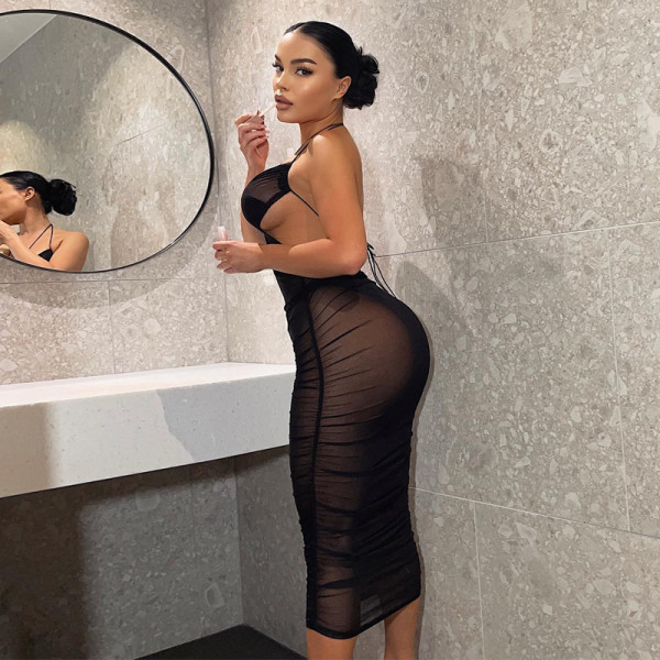 Solid color halter neck open back sexy mesh see-through dress