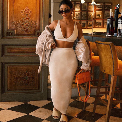 Sexy V-Neck Backless Tank Top Slim Skirt Two-Piece Set