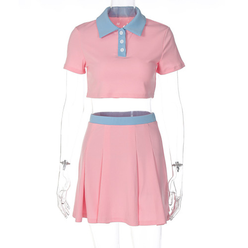 Lapel Short Sleeve T-Shirt Slim Fit Fashion Casual Short Skirt Suit
