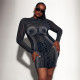Nightclub Sexy Babes Mesh Perspective 3D Printed Striped Slim Dress