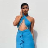 Sexy backless halter neck ruffled temperament slim dress