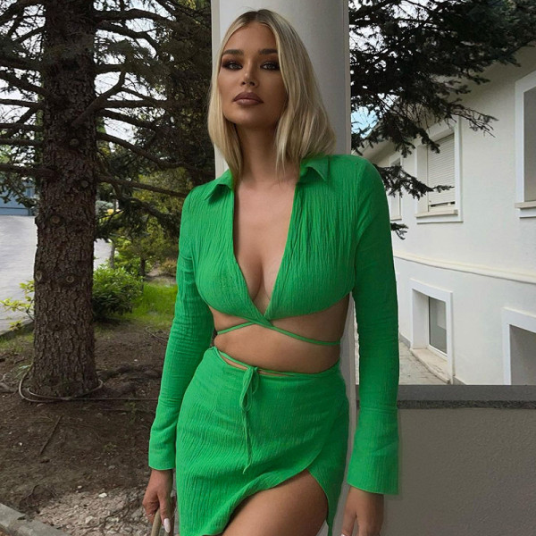 Fashion Cardigan Long Sleeve Lapel Top Slim Short Skirt Set