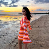 Long Sleeve Striped Knit Sweater Skirt Fashion Casual Set