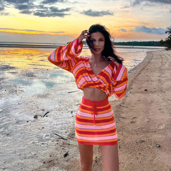 Long Sleeve Striped Knit Sweater Skirt Fashion Casual Set