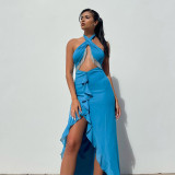 Sexy backless halter neck ruffled temperament slim dress