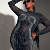 Nightclub Sexy Babes Mesh Perspective 3D Printed Striped Slim Dress