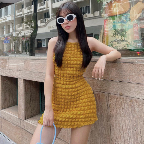 Fashion Solid Color Round Neck Sleeveless Vest Slim Fit Short Skirt Set
