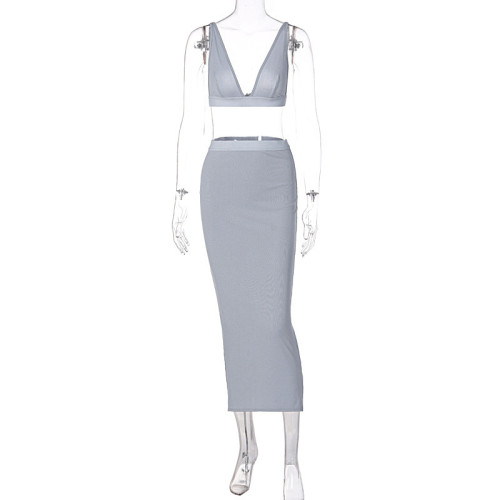 Sexy V-Neck Backless Tank Top Slim Skirt Two-Piece Set