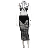 Solid color halter neck open back sexy mesh see-through dress