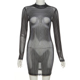 Nightclub Sexy Babes Mesh Perspective 3D Printed Striped Slim Dress