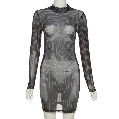 Nightclub Sexy Babes Mesh Perspective 3D Printed Striped Slim Dress