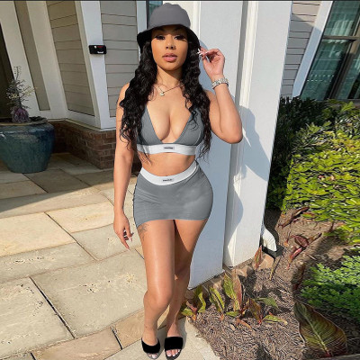 Sexy V-Neck Tube Top Slim Short Skirt Fashion Set