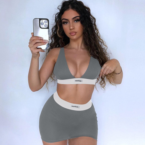 Sexy V-Neck Tube Top Slim Short Skirt Fashion Set