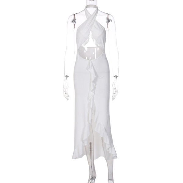 Sexy backless halter neck ruffled temperament slim dress