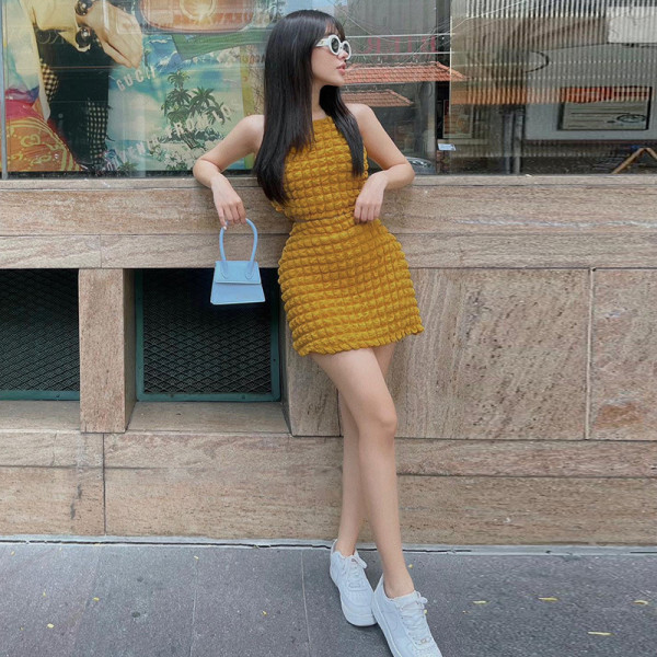 Fashion Solid Color Round Neck Sleeveless Vest Slim Fit Short Skirt Set
