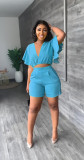 Ruffled Cropped V-Neck Top Casual Shorts Summer Two-Piece Set
