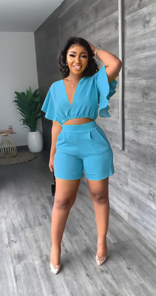Ruffled Cropped V-Neck Top Casual Shorts Summer Two-Piece Set