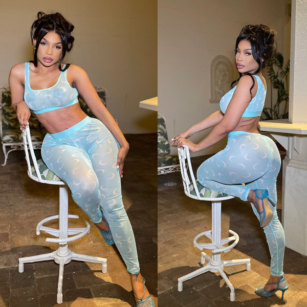 Fashion Sexy Mesh Print Sheer Pants Set