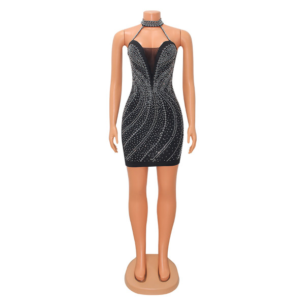 Nightclub sexy halterneck hot drill dress short skirt