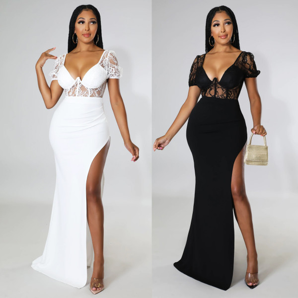 Fashion sexy lace ladies slit long dress