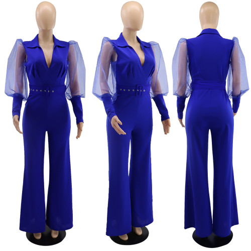 V-neck mesh puff sleeves temperament personality women's loose flared jumpsuit