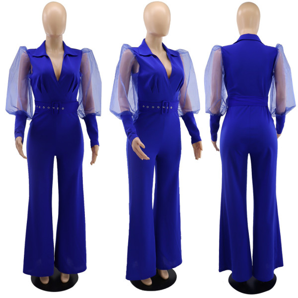 V-neck mesh puff sleeves temperament personality women's loose flared jumpsuit