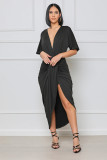 Sexy V-Neck Solid Smocked Slit Summer Dress