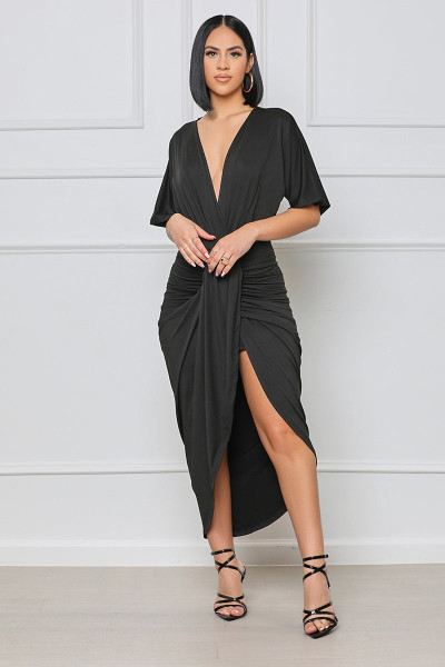 Sexy V-Neck Solid Smocked Slit Summer Dress