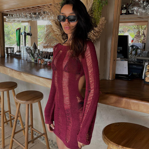 Sexy Cutout Open Back Tie Long Sleeve Slim Fit Knit Dress