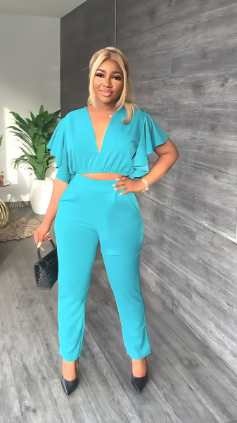 Deep V Cropped Navel Top Slim Fit Straight Pants Casual Two Piece Set