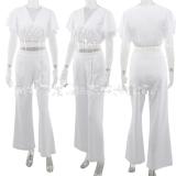 Deep V Cropped Navel Top Slim Fit Straight Pants Casual Two Piece Set