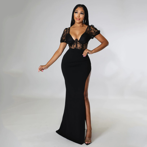 Fashion sexy lace ladies slit long dress