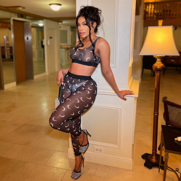 Fashion Sexy Mesh Print Sheer Pants Set