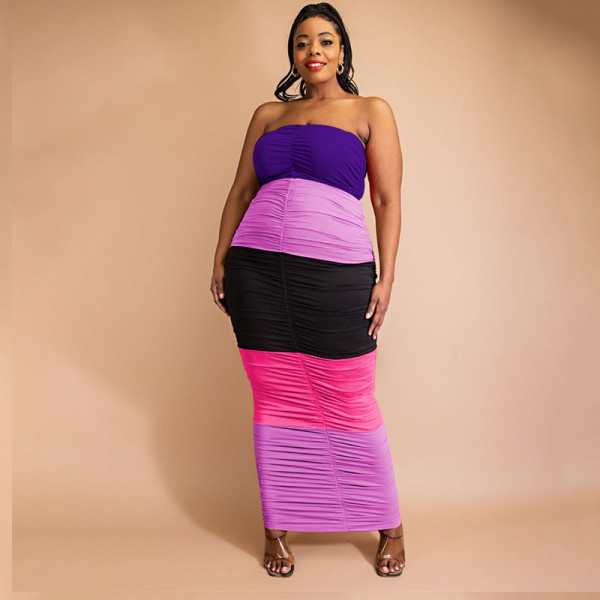 Plus Size Women's Contrast Stitching Ruffled Sexy Off-the-Shoulder Wrap Dress