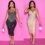 Women's Sexy Skinny Sling Mesh Hot Drill Dress