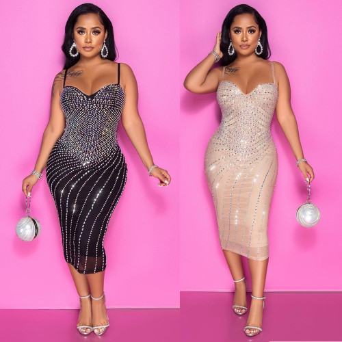 Women's Sexy Skinny Sling Mesh Hot Drill Dress