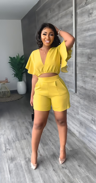 Ruffled Cropped V-Neck Top Casual Shorts Summer Two-Piece Set