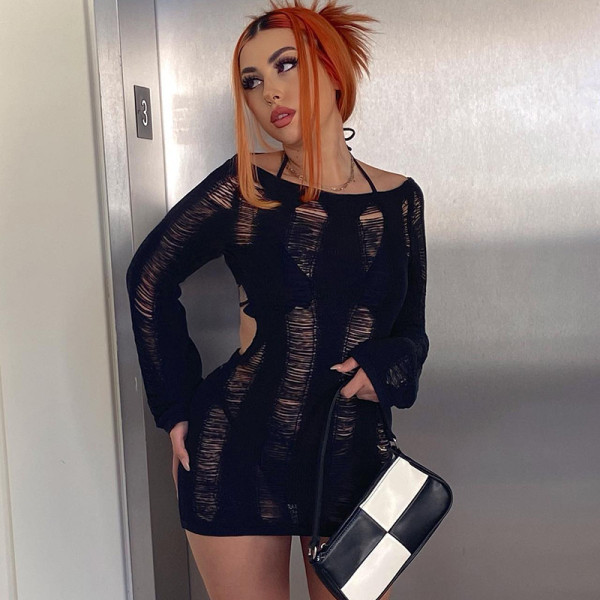 Sexy Cutout Open Back Tie Long Sleeve Slim Fit Knit Dress