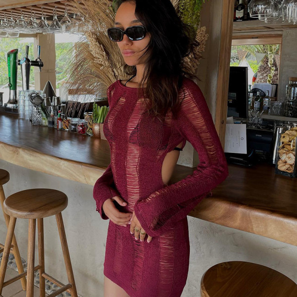 Sexy Cutout Open Back Tie Long Sleeve Slim Fit Knit Dress
